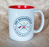 Kaffeebecher innen rot mit Ponymotiv und rundem Logo oder großes Hof Schmörholmlogo